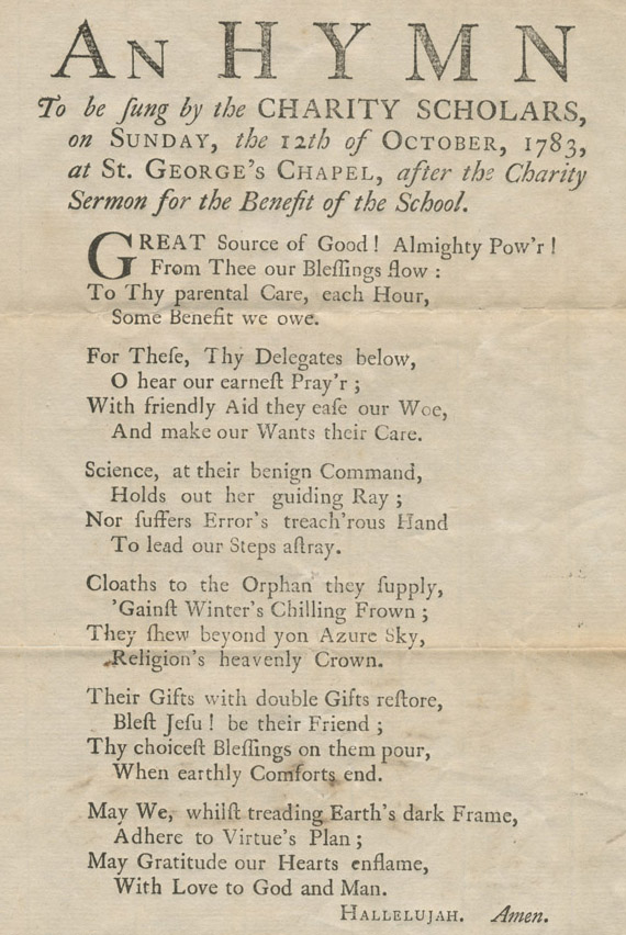 An hymn to be sung by the charity scholars, on Sunday, the 12th of October, 1783, at St. George's Chapel, after the charity sermon for the benefit of the school.