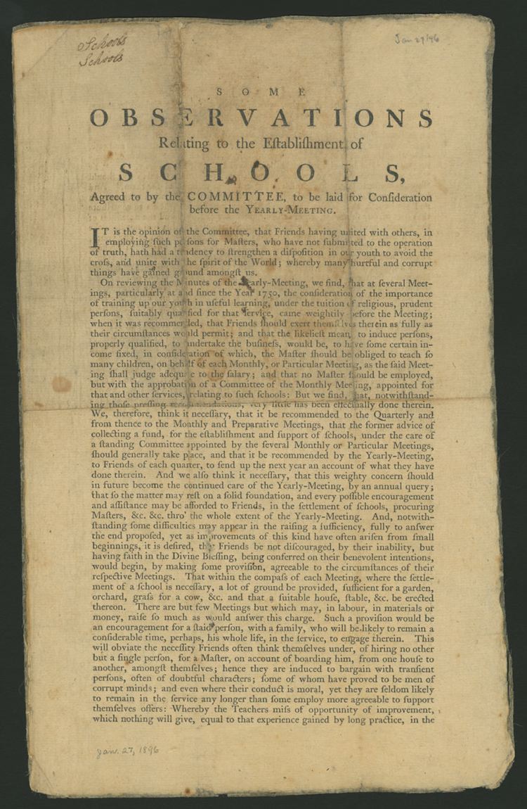 Some observations relating to the establishment of schools, : agreed to by the committee, to be laid for consideration before the Yearly Meeting.